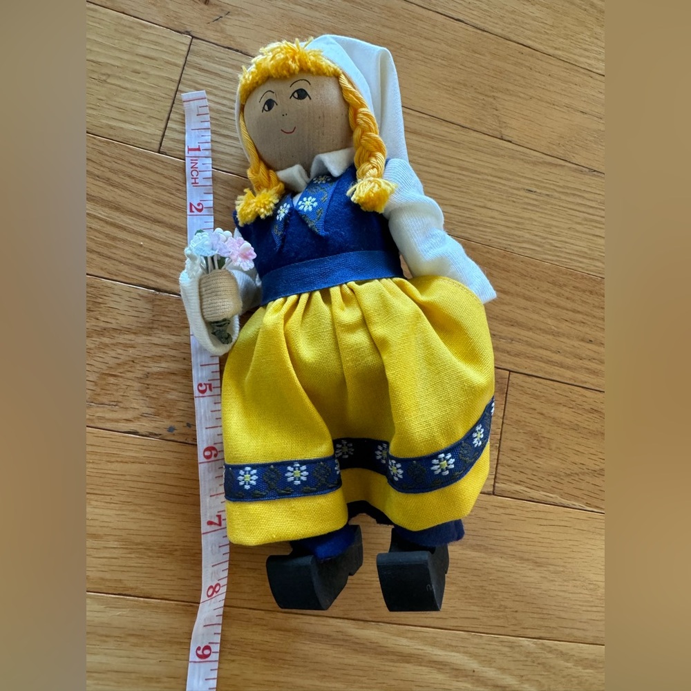 Original Butticki Of Sweden Handmade Wood Doll In Dress With Flowers 8" Tall